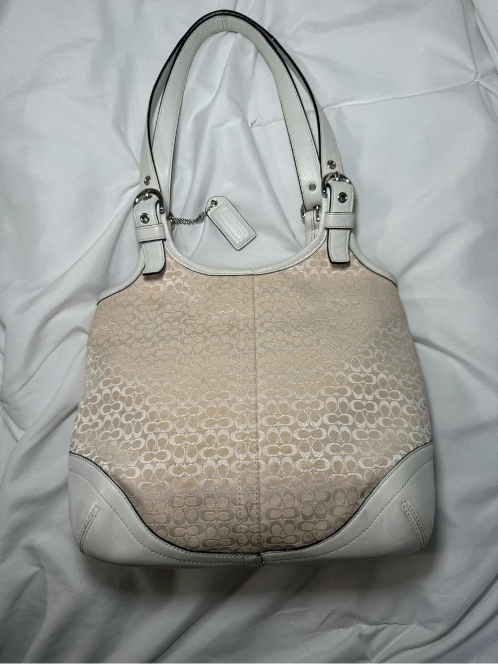 Coach Signature Shoulder Bag in Beige and White